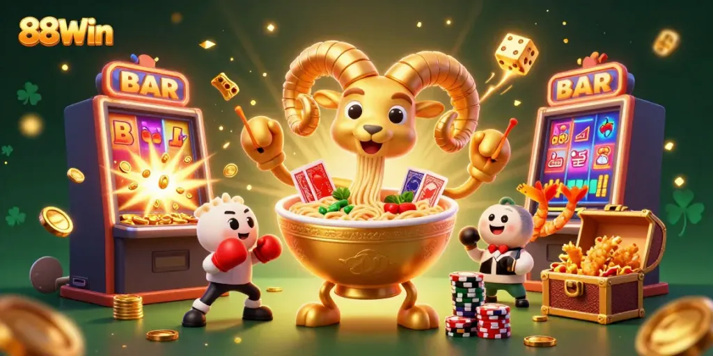 88Win's dynamic casino scene showcases a golden ramen bowl dealing cards, joyful sushi dealer, and slot machine explosion.
