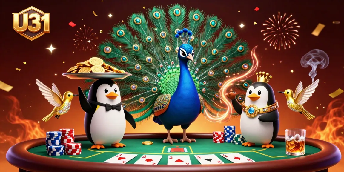 Engage with U31's vibrant casino energy featuring a festive peacock and penguin in a lively poker scene.