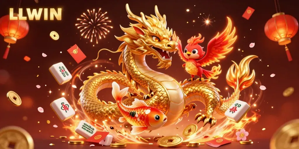 Experience LLWIN with a majestic dragon, phoenix, and koi fish celebrating amidst gaming icons.