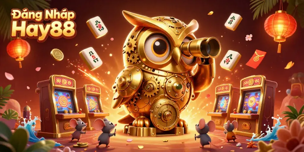 Experience the excitement of Đăng Nhập Hay88 as a golden owl surveys a vibrant casino floor.