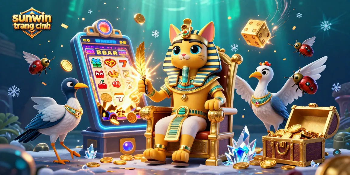 Experience vibrant online gaming with sunwin trang chính, featuring 3D Egyptian characters amidst jackpots and casino elements.