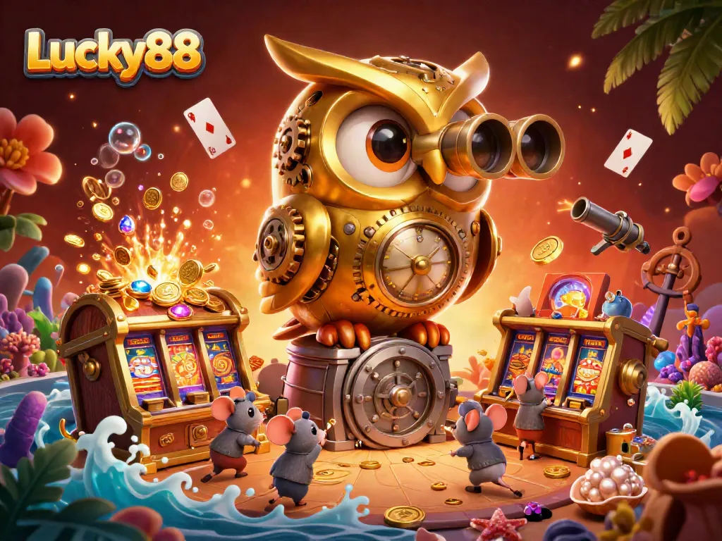 Experience Lucky88's vibrant casino atmosphere filled with gold, gems, and whimsical characters.