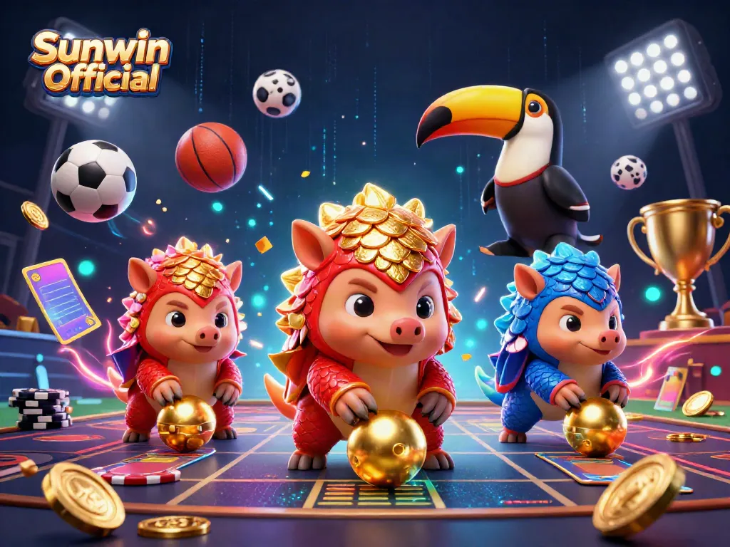 Engaging scene showcasing Sunwin Official with rivals rolling golden balls in a dynamic casino setup, enriched with sports elements.