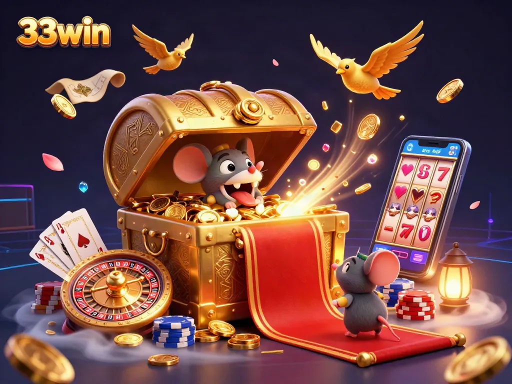 Experience the thrill of winning with 33win as colorful poker chips cascade around an enchanting treasure chest.