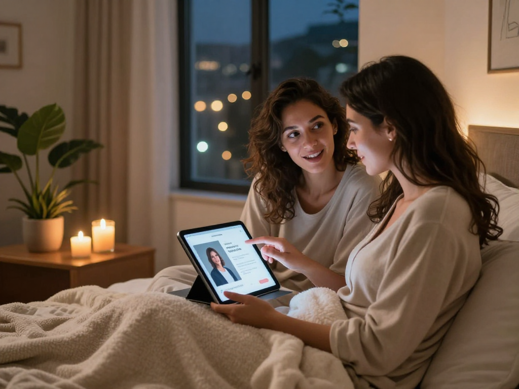 Couple using an AI app for enhanced intimacy and relationships in a cozy bedroom.