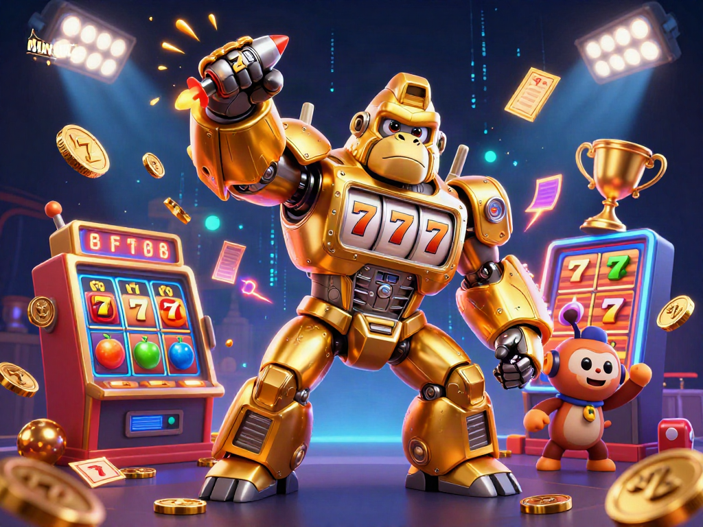 Engage in the casino action with MANCLUB's dynamic golden gorilla mech, capturing excitement as it punches winning coins!