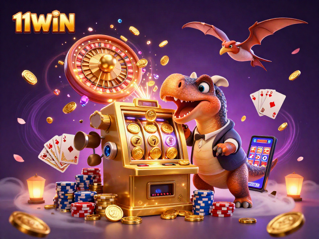 11WIN jackpot scene featuring a dinosaur winning coins from a slot machine with casino elements.