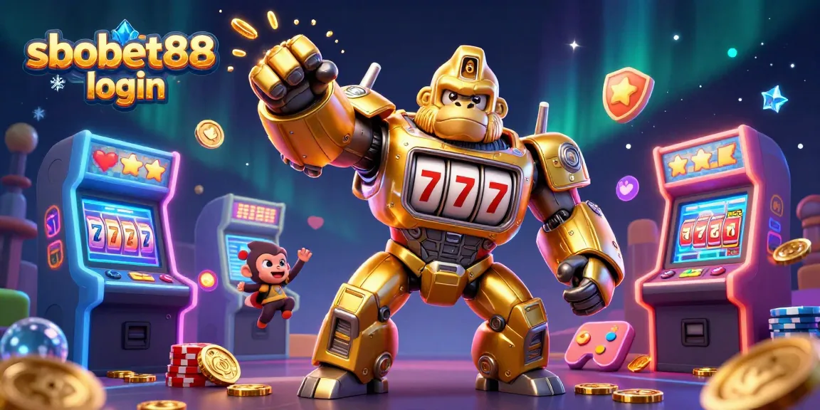 Experience sbobet88 login with a dynamic 3D illustration featuring a golden gorilla mech and casino elements.