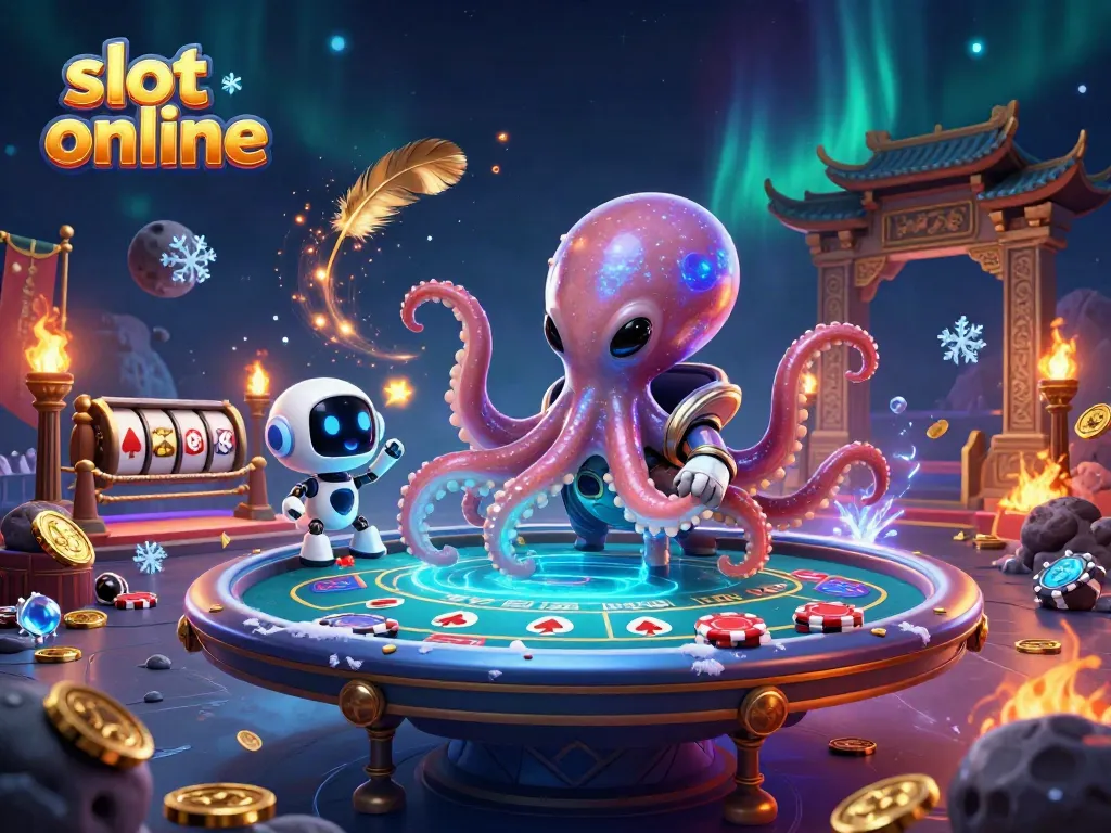 Engaging alien octopus at a holographic poker table and lucky slot reels in a vibrant casino universe.