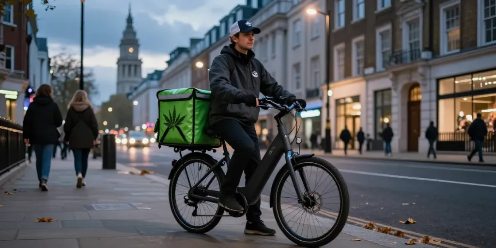 Weed delivery service in London with a bicycle and discreet packaging against city backdrop.