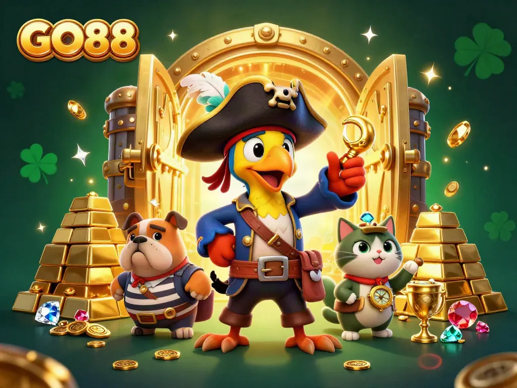 Experience the excitement of GO88 with a dynamic scene featuring a pirate captain and his crew amid treasures.