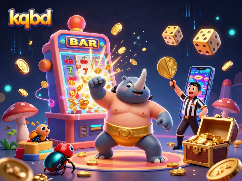 Kqbd showcases an exciting scene of a beetle champion celebrating a jackpot in a vibrant casino setting.