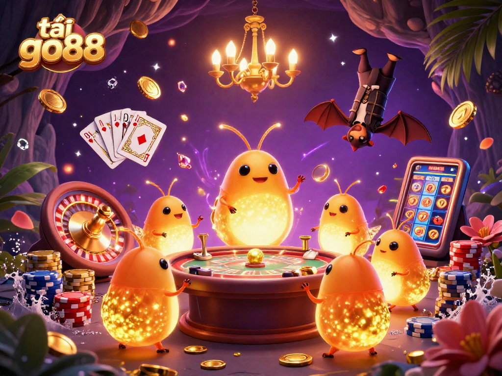 Discover the thrill of tải go88 with a vibrant casino scene lit by glowworms and bat dealer.