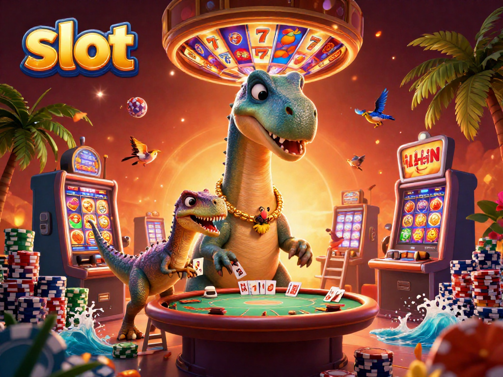 Spin reels in a vibrant casino scene featuring a brontosaurus, raptor dealer, and slot elements.