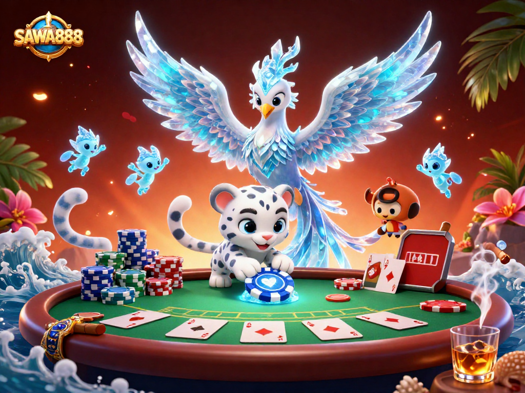 Experience SAWA888's vibrant gaming scene with an ice phoenix and poker action.