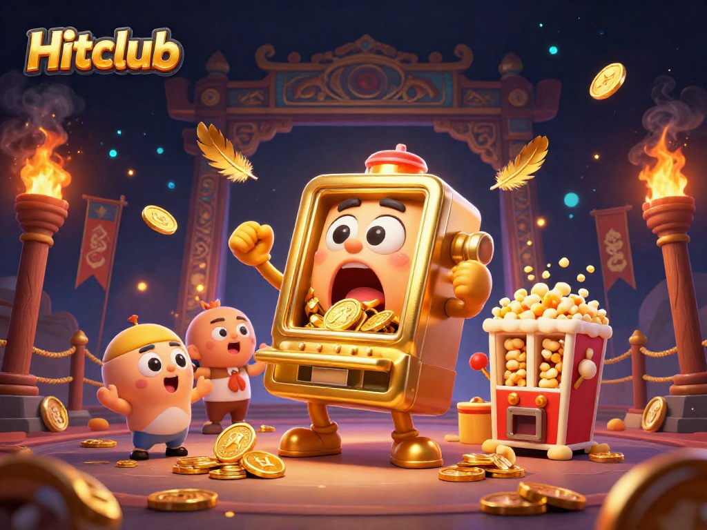 Hitclub slot machine celebrates a jackpot surrounded by cheering machines and golden particles in a vibrant casino scene.