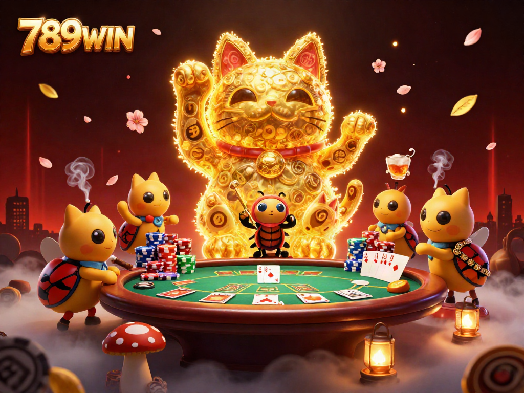 Experience the excitement of 789WIN with a virtual lucky cat and vibrant casino elements.