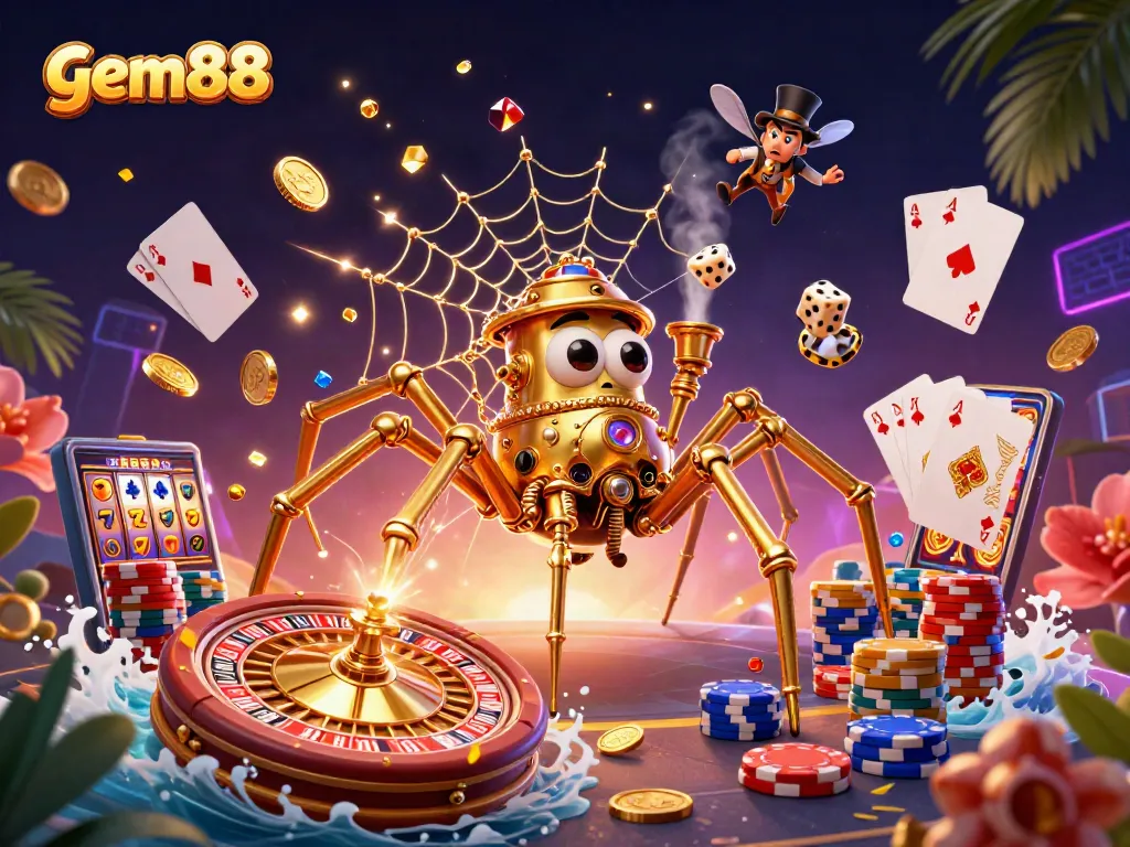 Engage in thrilling gameplay with gem88: a steampunk spider captivates dice, coins, and vibrant casino elements.
