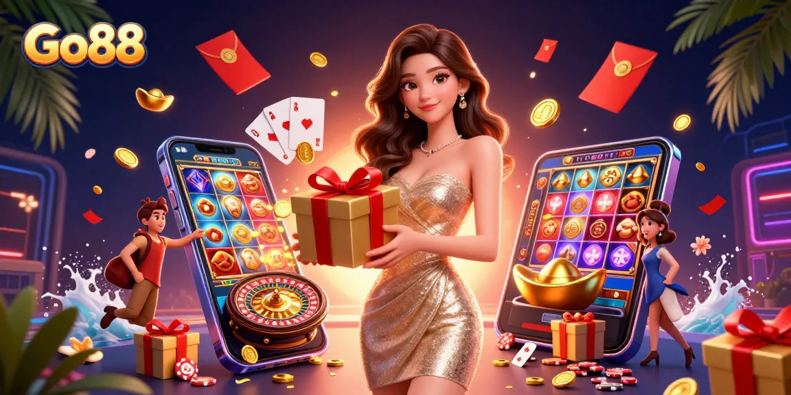 Experience the thrill of Go88 as golden coins spill from a gift box in a vibrant casino scene.