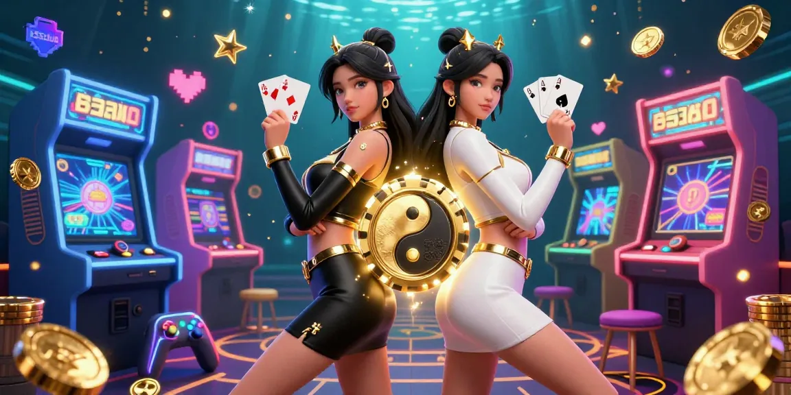 B52club showcases a dynamic scene of twin Asian women as powerful players in an online casino, surrounded by vibrant gaming elements.