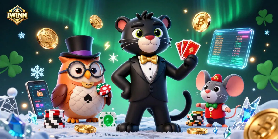 IWINN showcases a lively casino scene featuring a stylish black panther dealer, an owl with poker chips, and a lucky mouse, amidst vibrant gambling elements.
