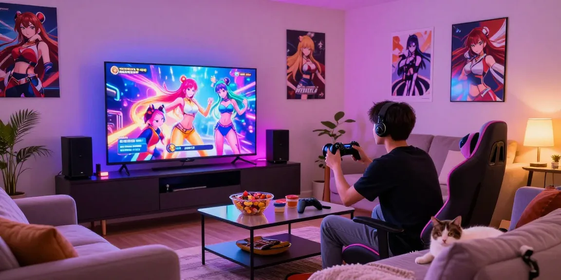 Gamer enjoying transformation hentai games in a cozy living room.