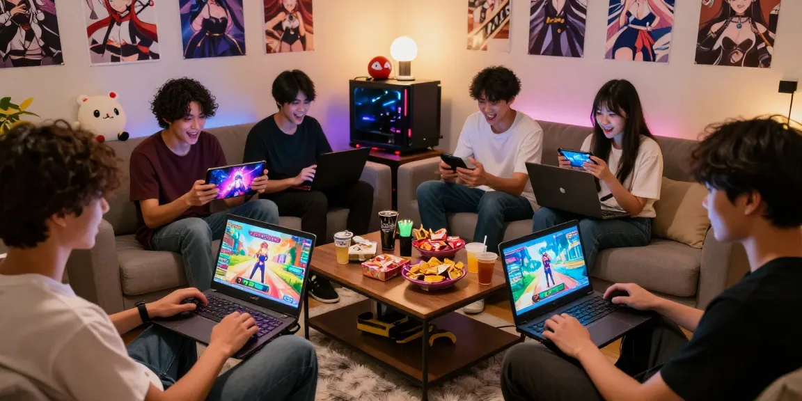 Group playing hentai ganes on devices, vibrant ambiance, cozy gaming room.