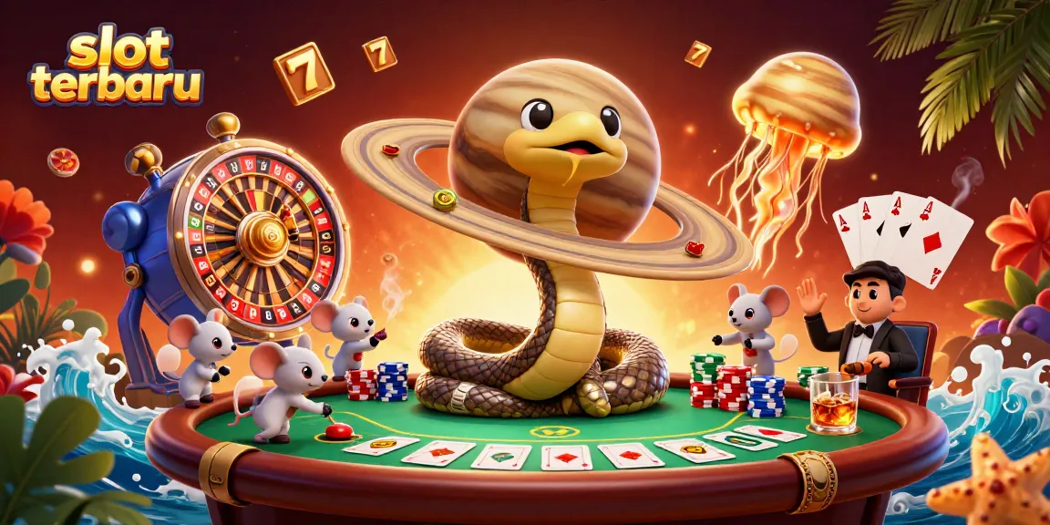 Experience the excitement of slot terbaru with a vibrant, cosmic-themed gaming illustration featuring a Saturn ring snake and gambling elements.