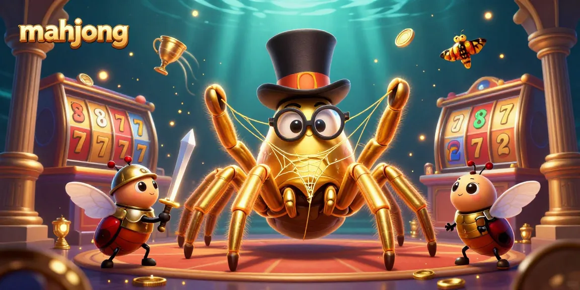 Experience mahjong excitement with a playful golden tarantula and beetle knight in a dynamic casino scene.