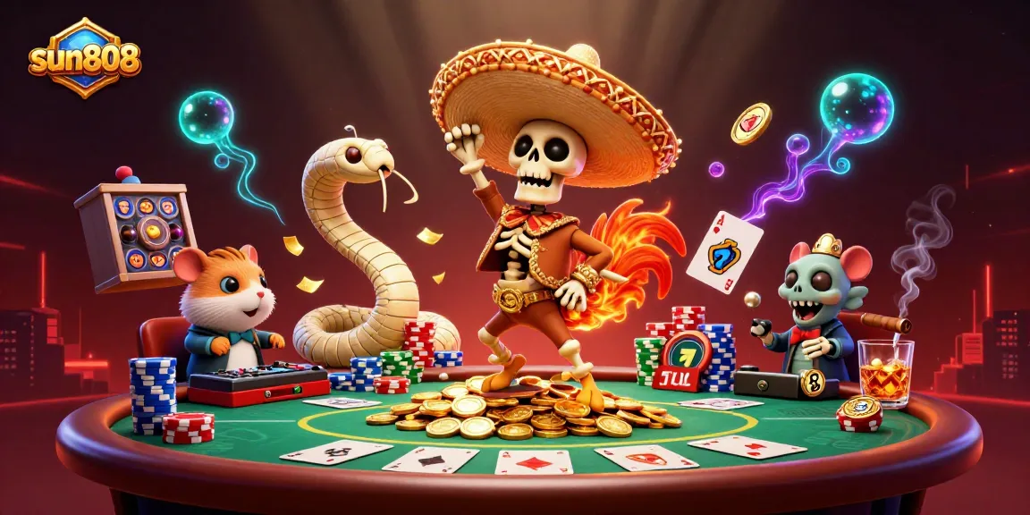 Engage with sun808’s vibrant casino scene featuring a dancing mariachi rooster and a DJ hamster!