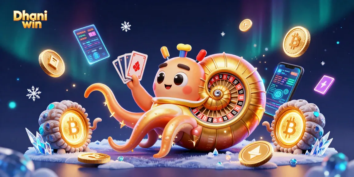Bet on exciting games with Dhani win, featuring a giant nautilus and glowing ammonites amidst vibrant crypto elements.