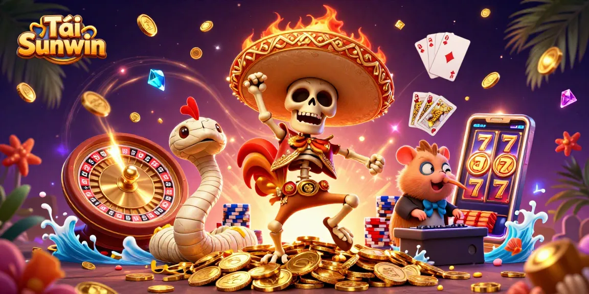 Join the fun with Tải Sunwin, featuring vibrant characters dancing on golden coins in a lively casino atmosphere.