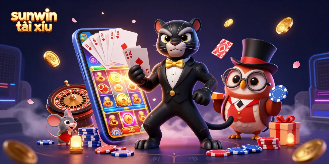 Engaging scene of sunwin tài xỉu with a stylish black panther dealing cards, surrounded by playful characters, showcasing vibrant casino elements.