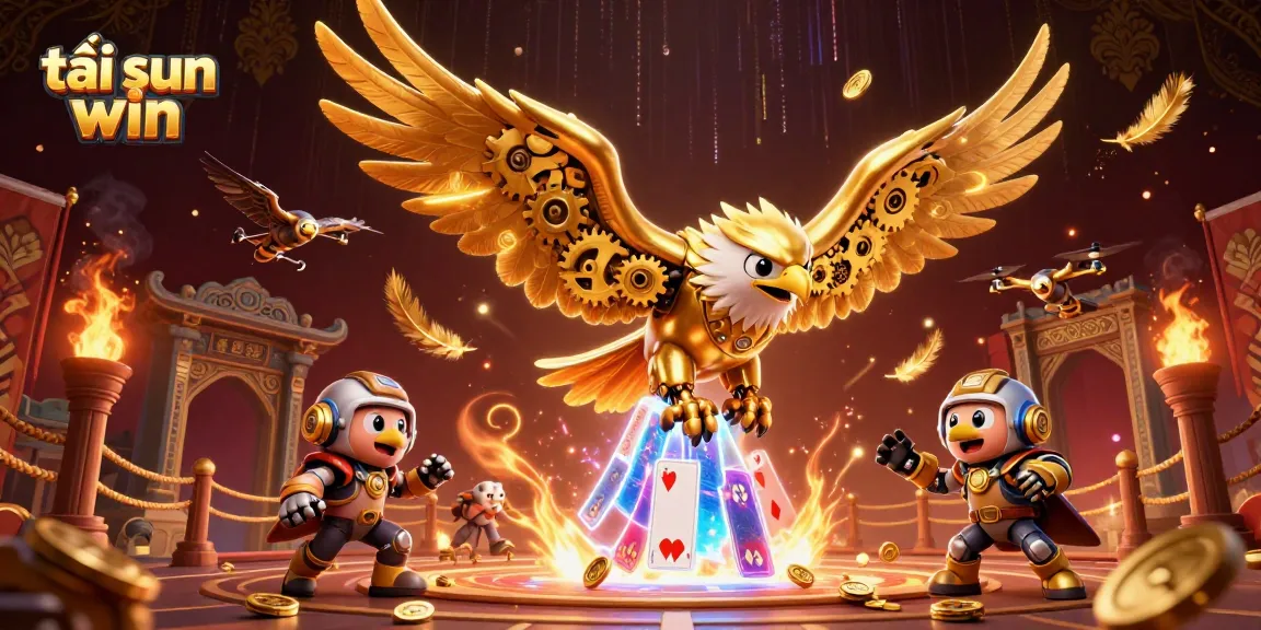 Experience thrilling action while tải sun win with a dynamic illustration of a golden eagle amid swirling cards and coins.