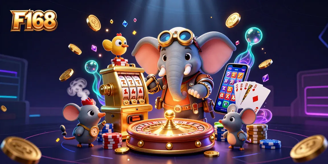 Spin lucky F168 slot reels with vibrant casino elements amid golden coins and gems.