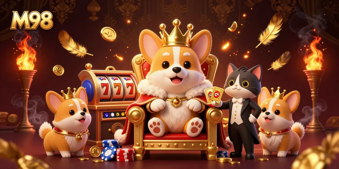 M98 slots scene with a royal corgi and cat butler surrounded by gold coins and vibrant casino elements